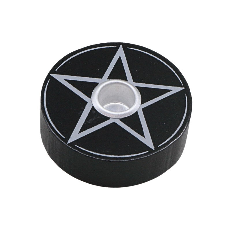 Black candle holder with a white pentagram design on a white background