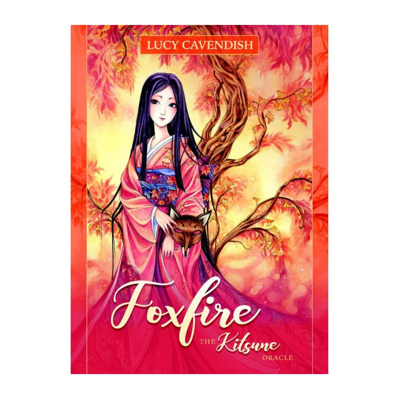 deck cover of 'Foxfire: The Kitsune Oracle' by Lucy Cavendish with a woman in a kimono and fox illustration.