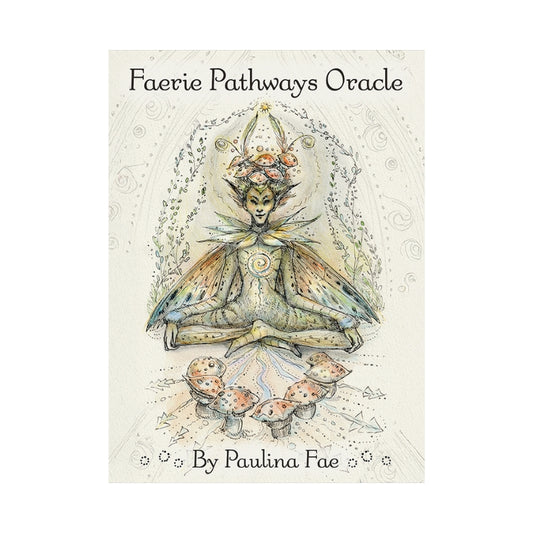 faerie pathways oracle showing a stylised fairy and mushrooms on a white background