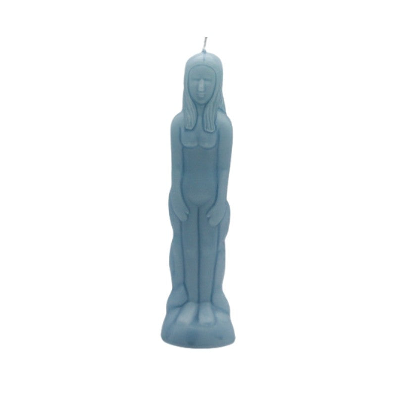 Blue candle shaped like a person on a white background