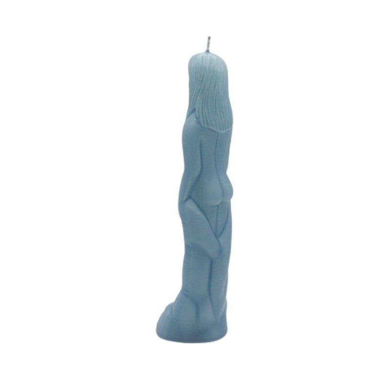 Blue candle shaped like a person on a white background