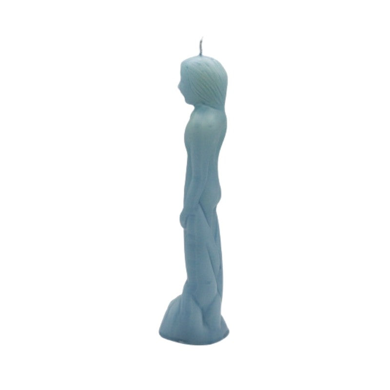 Blue candle shaped like a person on a white background
