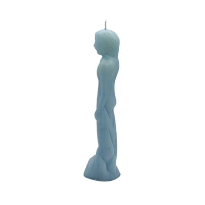 Blue candle shaped like a person on a white background
