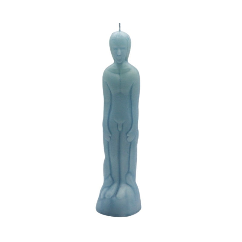 Blue candle shaped like a person on a white background