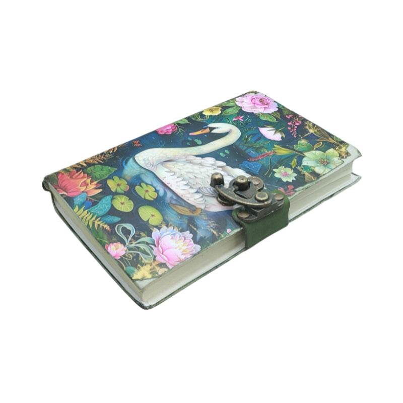 front cover of journal with locking closure and an image of a swan and floral design, on a white background