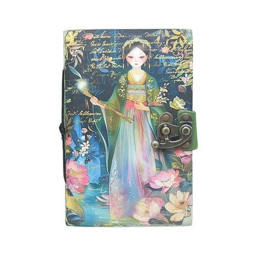 front cover of journal with locking closure and an image of a girl holding a wand and floral design, on a white background