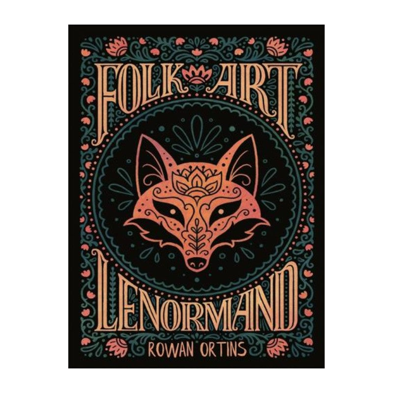 Folk art Lenormand deck cover with fox design and decorative text on a black background