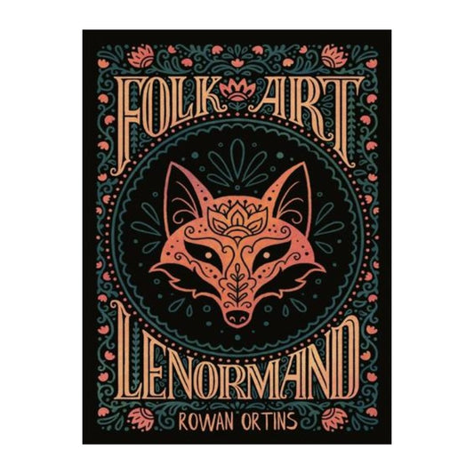 Folk art Lenormand deck cover with fox design and decorative text on a black background