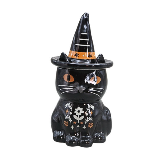 black and orange cat oil burner with folk art floral design, on a white background