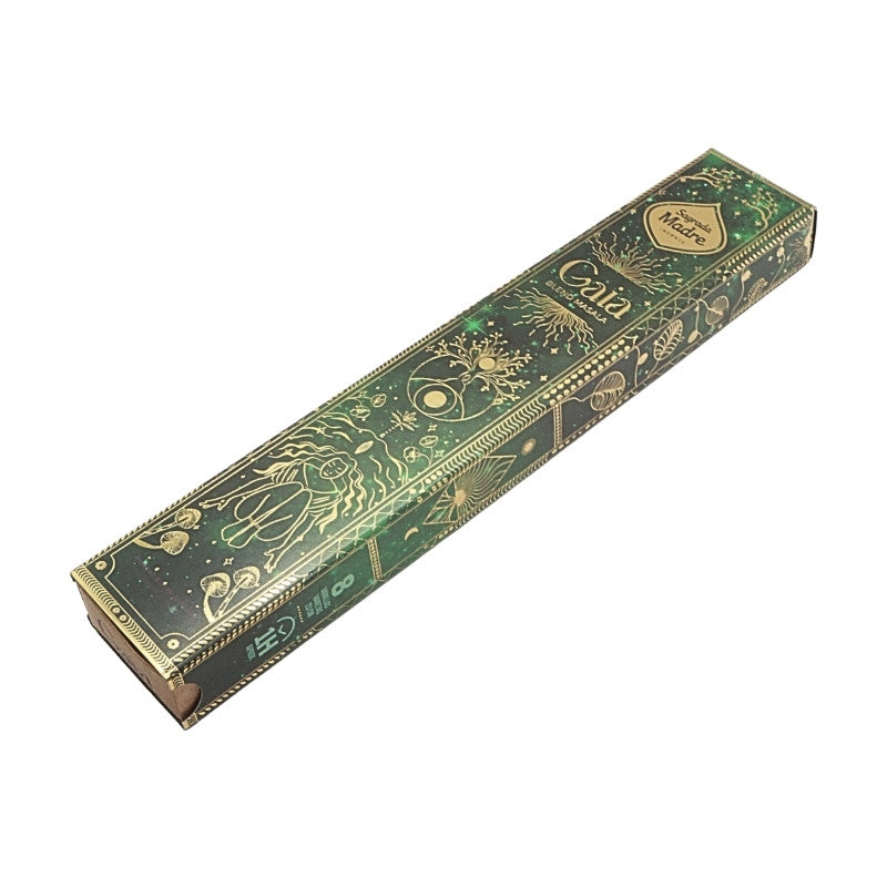 green and gold box of incense sticks by Sagrada Madre