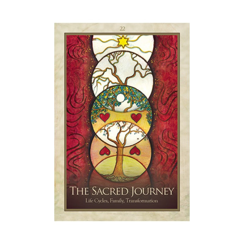 Card titled 'The Sacred Journey' with tree design and text on a beige background