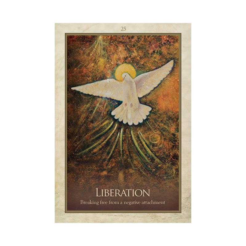 Card with a dove and text 'Liberation' on a textured background