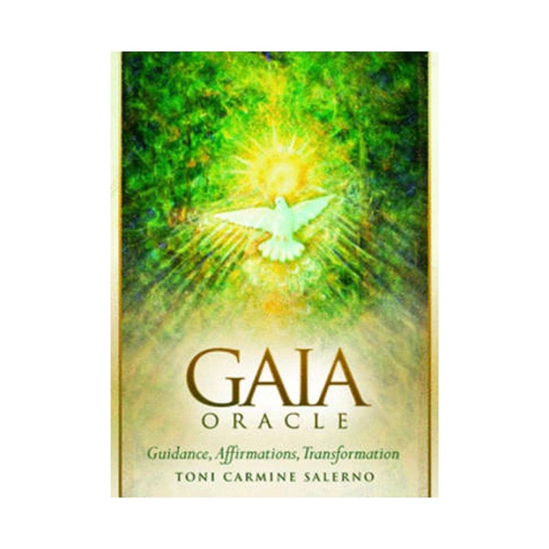 
oracle deck cover of 'Gaia Oracle' with a dove and sun design on a green background