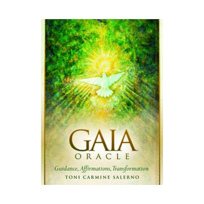 
oracle deck cover of 'Gaia Oracle' with a dove and sun design on a green background