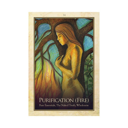 oracle card titled 'Purification (Fire)' with a stylized illustration of a woman and flames.