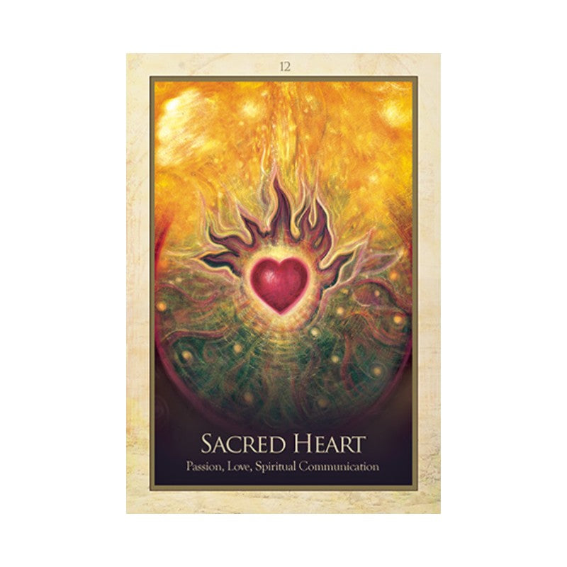 Sacred Heart oracle card with fiery design and text on a white background