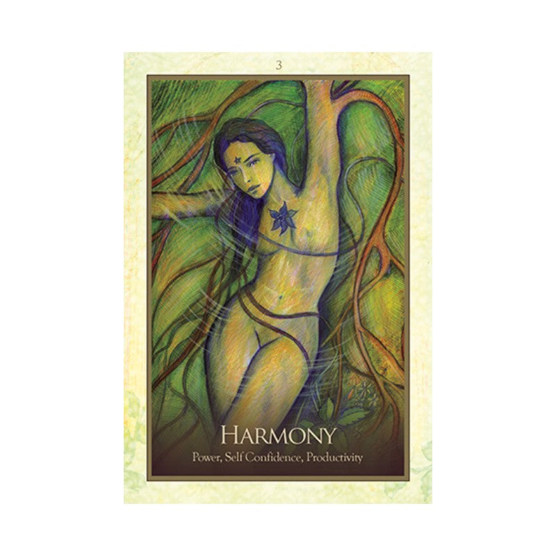 oracle card featuring a stylized illustration of a woman with nature elements and the word 'Harmony'.