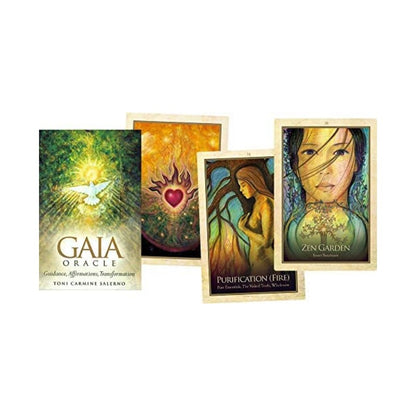 Set of oracle cards with artistic designs and titles on a white background