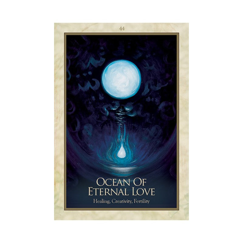 Card with a blue moon and water droplet design, titled 'Ocean of Eternal Love', on a dark background.