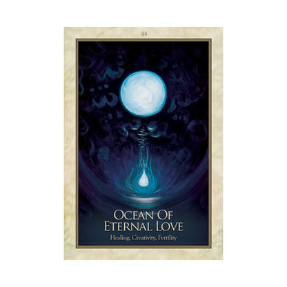 Card with a blue moon and water droplet design, titled 'Ocean of Eternal Love', on a dark background.