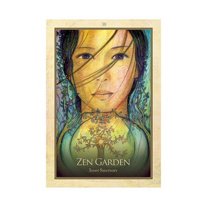 oracle card with a stylized illustration of a woman's face and text 'Zen Garden Inner Sanctuary' on a white background.