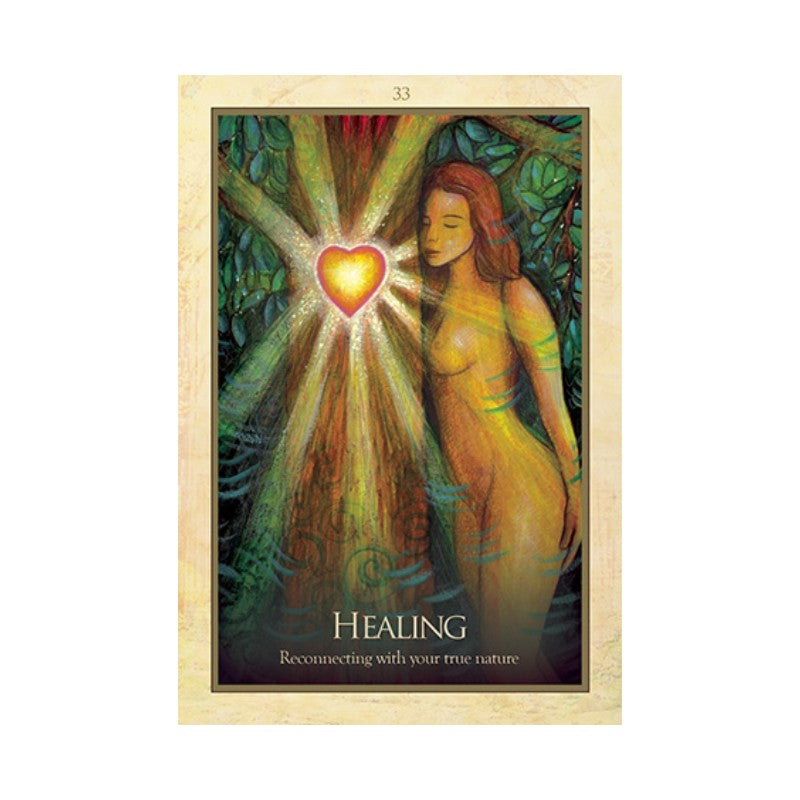 oracle card with a woman's silhouette, glowing heart, and 'Healing' text on a white background