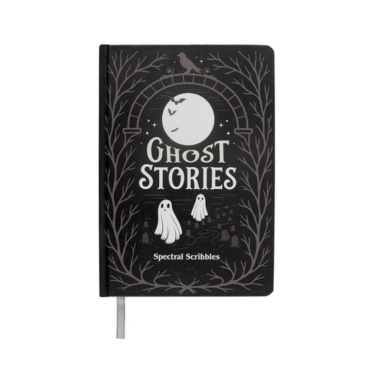 A hardcover notebook titled 'Ghost Stories' by Spectral Scribbles, featuring a spooky Halloween illustration on a black cover with a white moon, ghosts, crows, and bare tree branches.