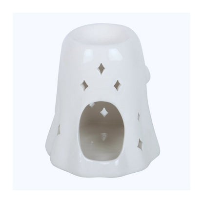 White ceramic lantern with cut-out patterns on a white background