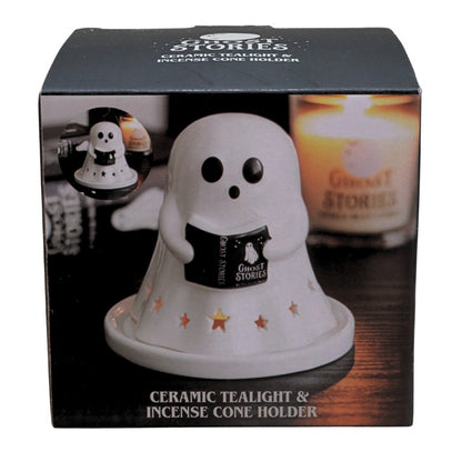 Ghost-shaped ceramic tealight and incense cone holder in packaging with 'Ghost Stories' branding.
