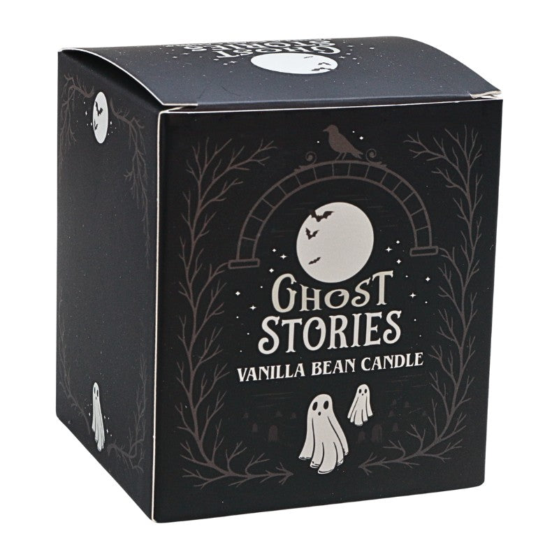 black square candle packaging box with white writing and ghost design