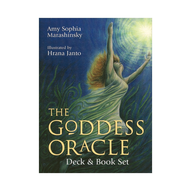 Front cover of 'The Goddess Oracle Deck & Book Set' by Amy Sophia Marashinsky, illustrated by Hrana Janto, featuring a goddess figure with raised arms against a glowing blue and green background.
