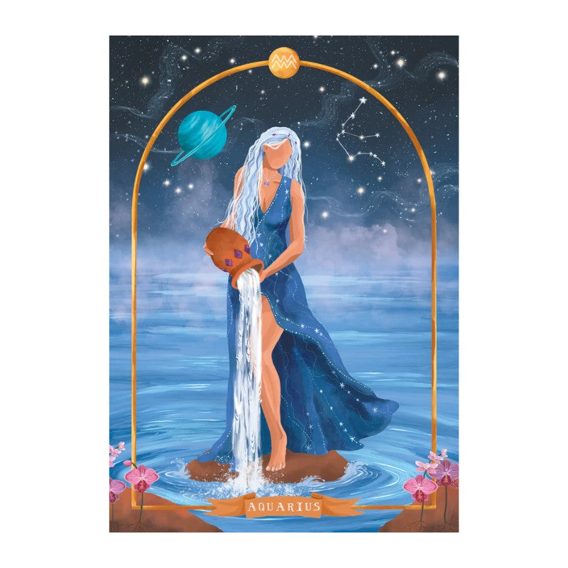  A silver-haired goddess in a flowing star-studded blue gown stands in still water, pouring a cascade of water from a clay vessel. Behind her, a teal ringed planet (Uranus) floats in a night sky alongside the Aquarius constellation. Pink orchids frame the base. The Aquarius glyph appears at the top of a golden arch.