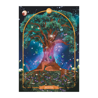 A figure rests peacefully at the base of an enormous, luminous tree of life, its branches alive with glowing butterflies and sparkling light. A blood moon hangs in the upper left. The scene evokes transformation and rebirth rather than endings. Roman numeral VIII appears at the top of the golden arch.