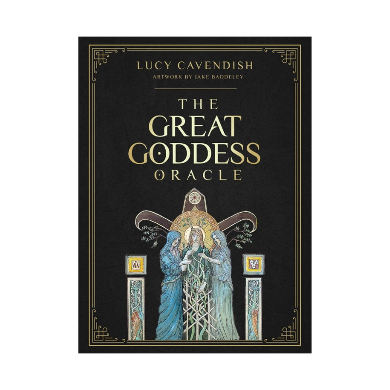 The Great Goddess Oracle card deck box by Lucy Cavendish, featuring a black cover with gold lettering and an illustration of two goddesses in blue and green robes.