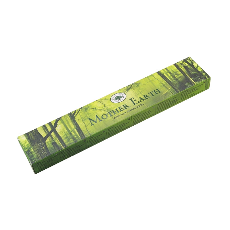 A long rectangular box of Mother Earth incense sticks, featuring a green forest design on the packaging, set against a plain white background.