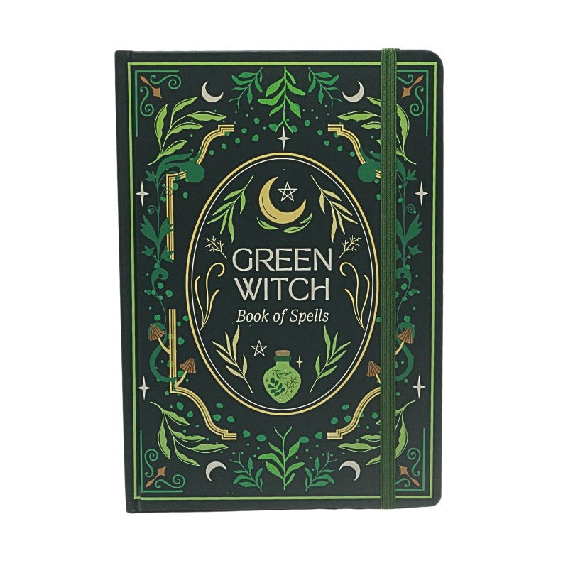 Green Witch Book of Spells notebook with decorative cover on a white background