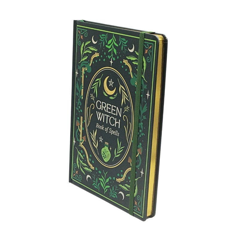 Green Witch Book of Spells notebook with decorative cover on a white background
