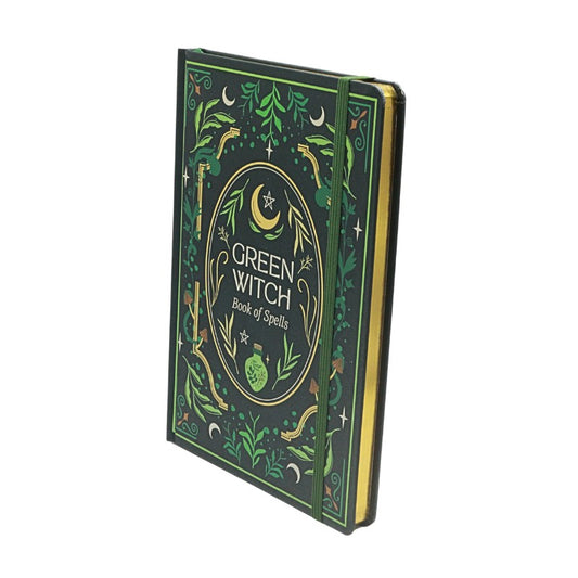 Green Witch Book of Spells notebook with decorative cover on a white background