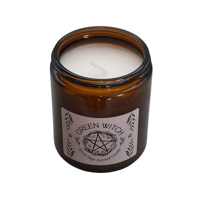 Brown glass candle with 'Green Witch' label on a white background