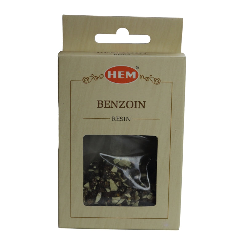beige box of HEM benzoin resin on white background