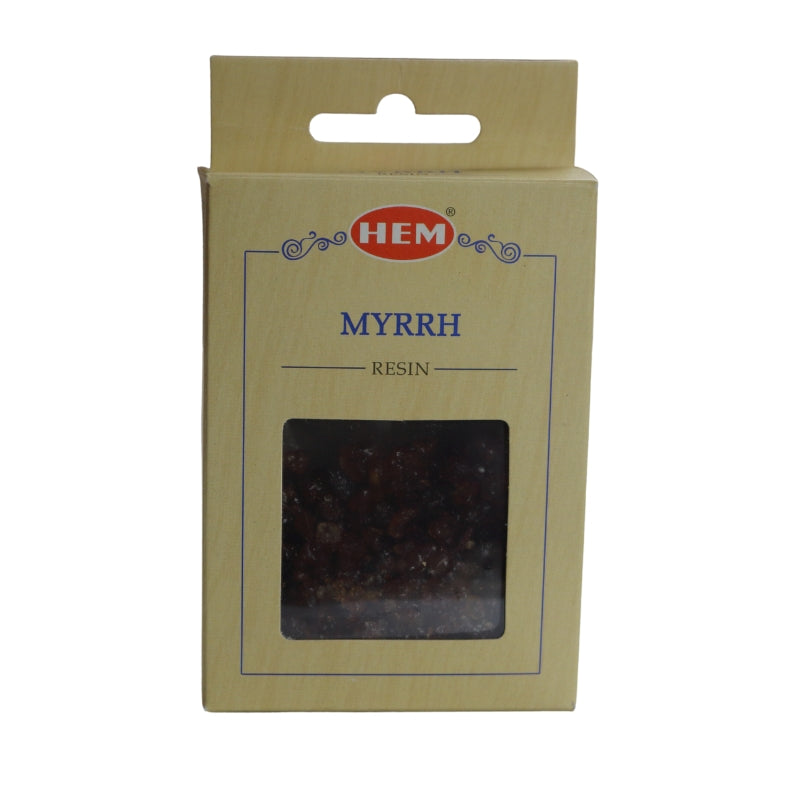 Packaging for Hem Myrrh Resin. Cream box with red "HEM" logo