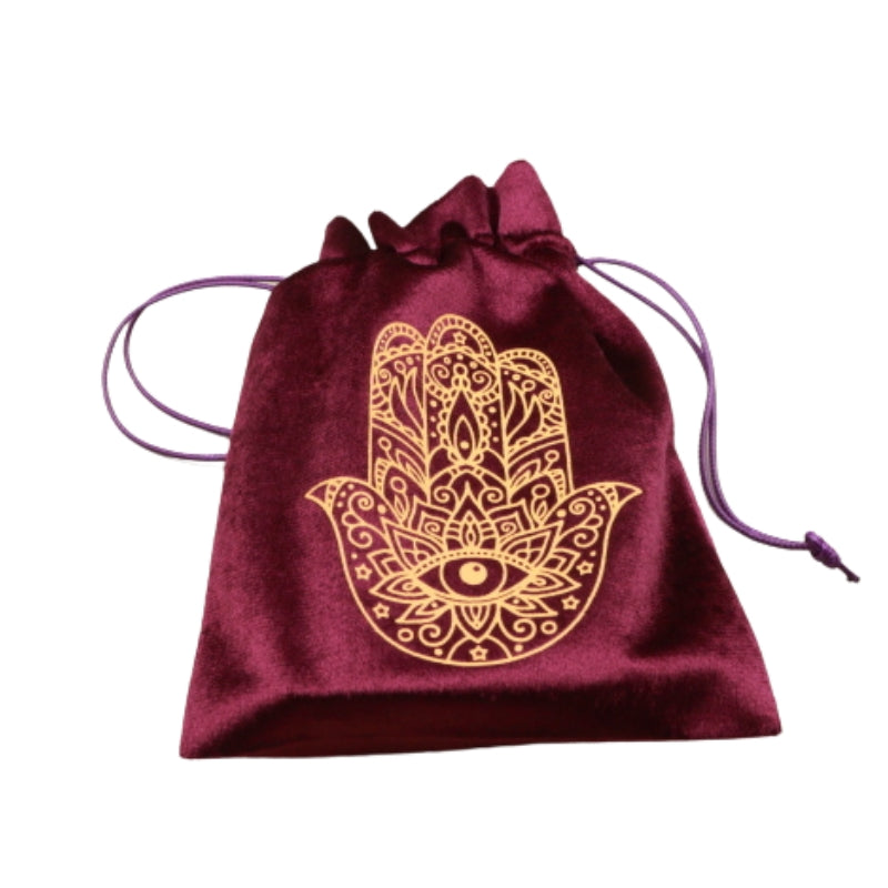 purple and gold Hamsa Hand Tarot Bag for Tarot and Oracle Cards 12cm x 18cm