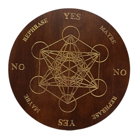 metatron's cube design on wooden pendulum board