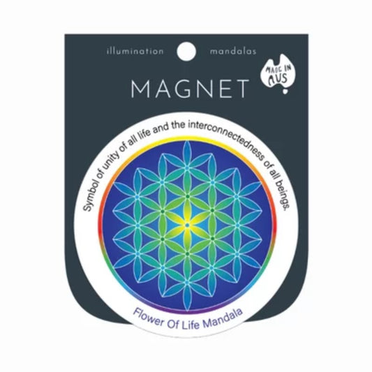 colourful refrigerator magnet with a picture of a flower of life symbol