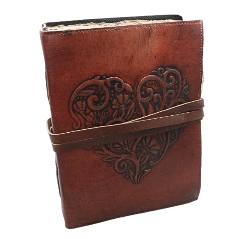 Heart Embossed Antique Paper Leather Journal with Leather Tie