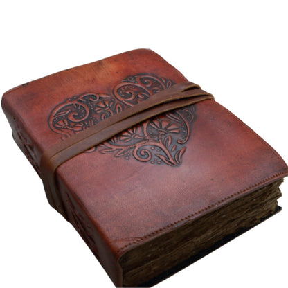 Heart Embossed Antique Paper Leather Journal with Leather Tie