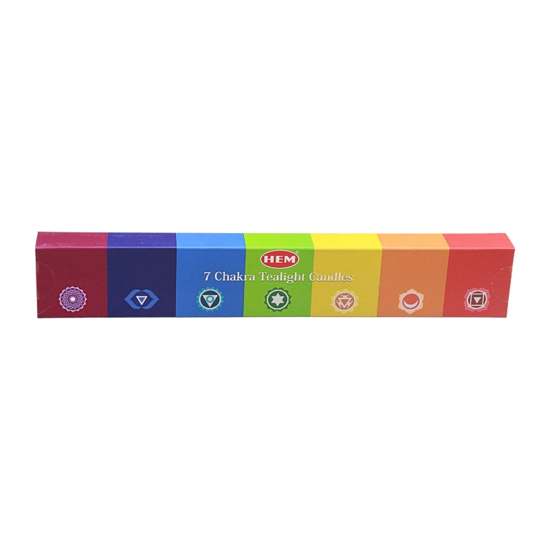 A rectangular box of HEM 7 Chakra Chakra Candles, featuring a rainbow-colored design with chakra symbols on a white background.