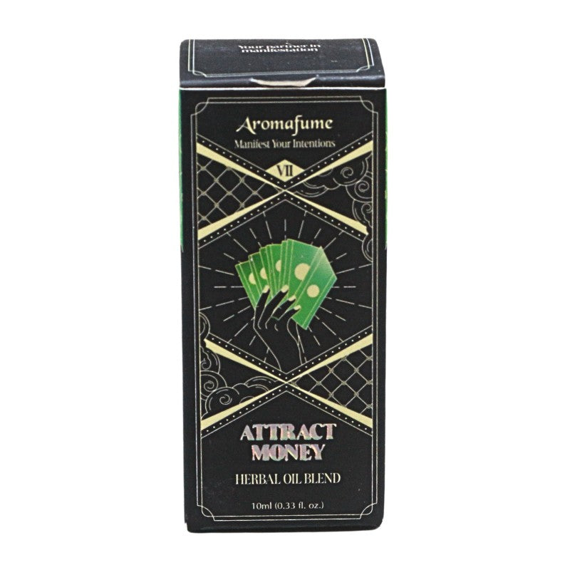 black packaging box with green money and words "attract money herbal oil blend"