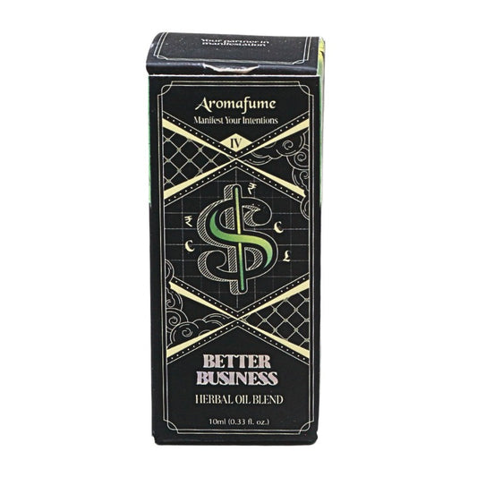 A rectangular black box for Aromafume Better Business Herbal Oil Blend, featuring a green dollar sign with gold decorative borders on a white background.