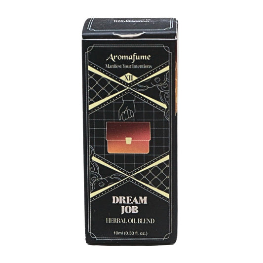 Aromafume Dream Job Herbal Oil Blend box, featuring a black packaging design with gold geometric patterns and a small illustration of a brown leather handbag.